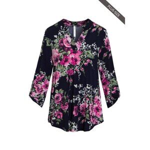 Dear Scarlett Womens Navy Floral Print Tunic Top 3/4 Sleeves XL
